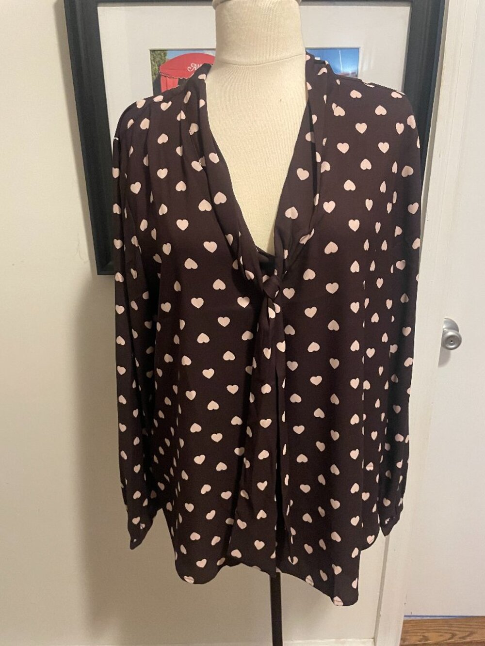 Loft Women's size large brown with cream hearts blouse